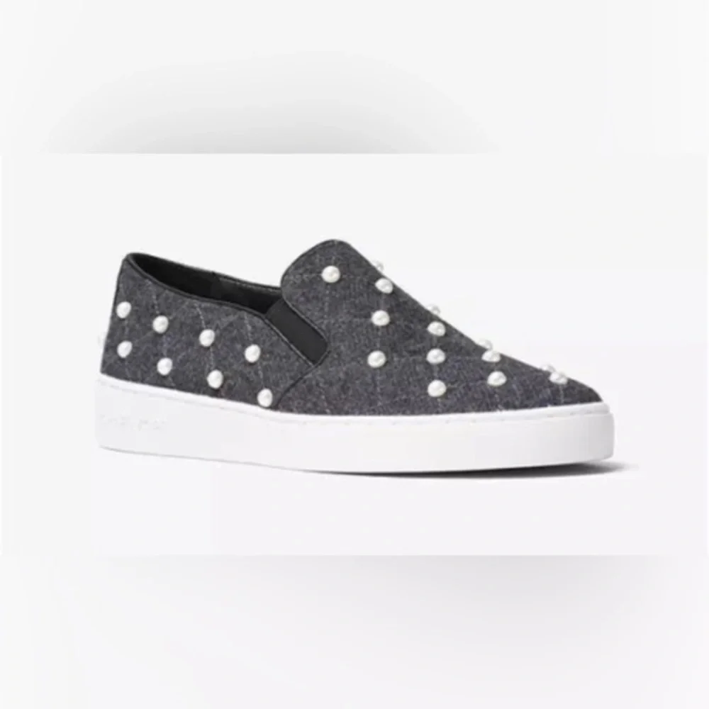 Michael Kors Keaton Flannel/Pearls Embellished Slip On Sneaker, Charcoal 8.5
